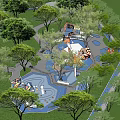 Colorful Children's Play Area With Orange Slide Climbing Structure And Surrounding Trees