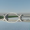 Modern Curved Bridge Design Spanning River With Grass Banks And Water Reflection