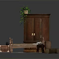 Rustic Wooden Furniture Scene With Cabinet Green Plant Bed Coffee Table Trunk And Rug