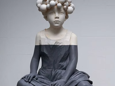 Artistic Sculpture of Seated Figure With White Spherical Headpiece Gray Dress and Minimalist Background 3d model
