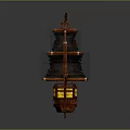 Wooden Pirate Ship Model With Black Sails And Skull Flag Detailed Design