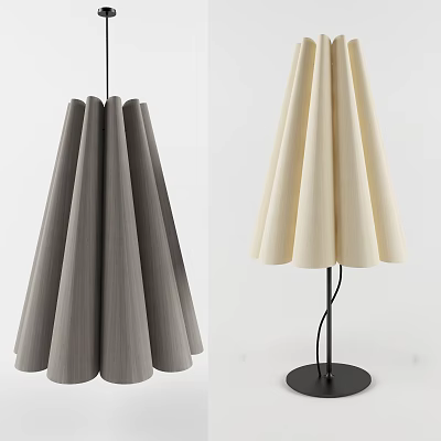 Gray Pleated Fabric Pendant and Beige Pleated Floor Lamp Modern Lighting Combination 3d model
