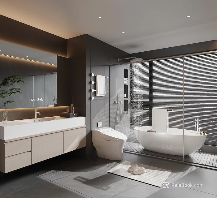Modern Luxury Bathroom Design With Floating Vanity Freestanding Bathtub Smart Toilet And Glass Shower Space 3d model 