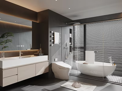Modern Luxury Bathroom Design With Floating Vanity Freestanding Bathtub Smart Toilet And Glass Shower Space 3d model