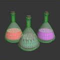 Three Household Conical Flasks With Orange Caps And Colorful Transparent Liquids