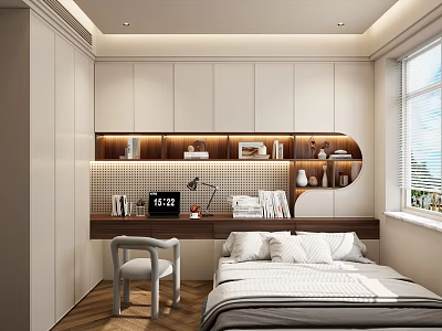 Modern Tatami Bedroom Design With Built in Desk Bookshelf And Recessed Lighting 3d model