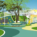 Children's Playground with Yellow Slide Climbing Structures Colorful Ground Surrounded by Trees and White Bridge