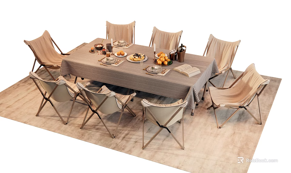 Outdoor Dining Table Set with Chairs Linen Tablecloth Plates Fruits and Drinks 3d model 