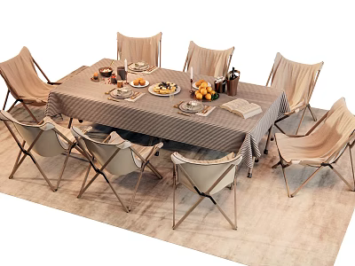 Outdoor Dining Table Set with Chairs Linen Tablecloth Plates Fruits and Drinks 3d model