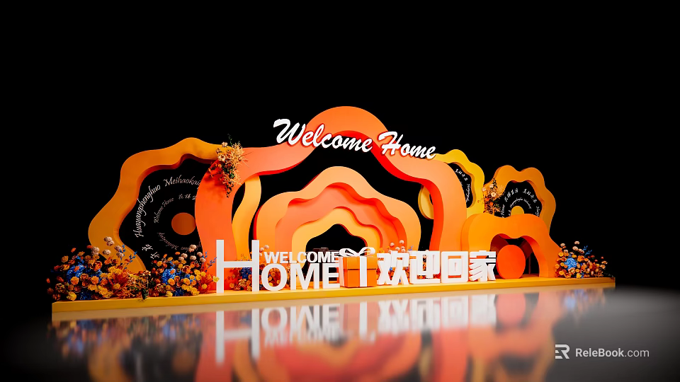 Welcome Home Themed Photo Spot With Orange Wave Decorations And Fresh Flowers 3d model 