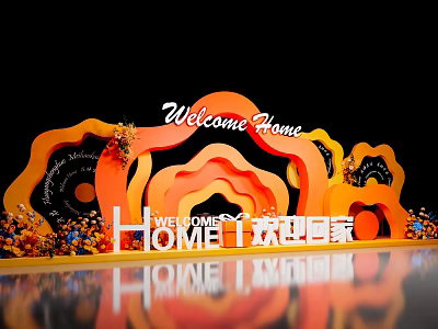 Welcome Home Themed Photo Spot With Orange Wave Decorations And Fresh Flowers 3d model