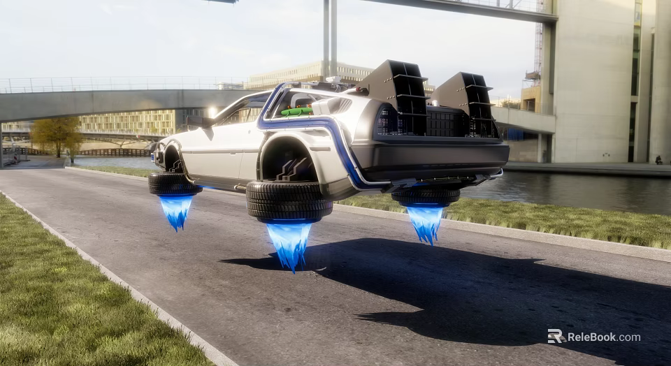 Futuristic Hovering Car With Blue Flames Underneath Lifted Tires On Road 3d model 