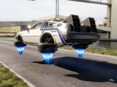 Futuristic Hovering Car With Blue Flames Underneath Lifted Tires On Road 3d model