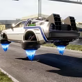 Futuristic Hovering Car With Blue Flames Underneath Lifted Tires On Road