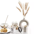 Elegant Tableware Set with Wooden Tray Glass Pitcher Lemon Slices White Cups Cookies Dried Grass