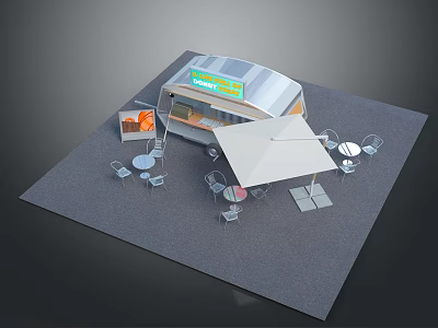 Outdoor Cafe Kiosk Design With White Canopy Tables And Chairs 3d model