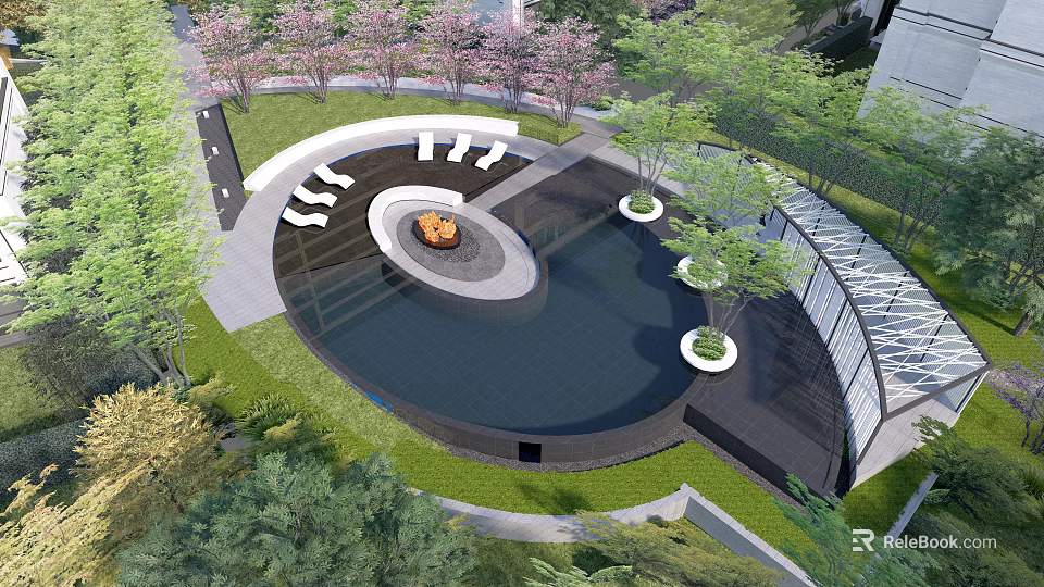 Modern Garden Landscape Design With Circular Pond Fire Pit Seating And Greenery 3d model
