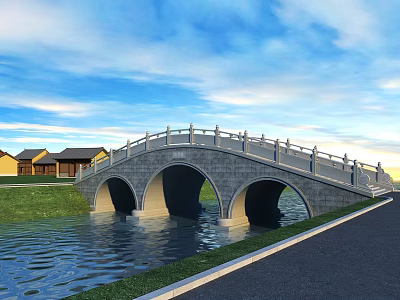 Scenic Stone Arch Bridge Over Water With Grass Traditional Houses And Blue Sky 3d model