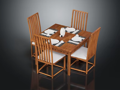 Wooden Dining Set With Four Chairs Tableware And Decorative Centerpiece For Modern Dining Room 3d model