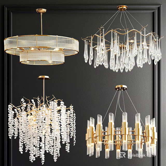 Elegant Modern Crystal Chandeliers With Crystal Pendants Gold Frames And Multi Layered Designs 3d model 