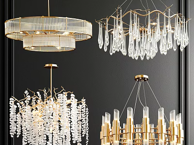 Elegant Modern Crystal Chandeliers With Crystal Pendants Gold Frames And Multi Layered Designs 3d model