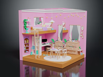 Pink Kids Bedroom Interior With Loft Bed Desk Chair Dresser Plants And String Lights 3d model