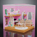 Pink Kids Bedroom Interior With Loft Bed Desk Chair Dresser Plants And String Lights
