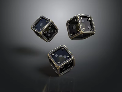 Three Black Dice With Golden Edges As Daily Living Supplies In Suspended Design 3d model