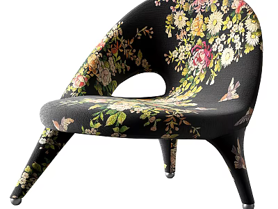 Elegant Floral Pattern Accent Chair with Black Background Hollow Design and Curved Legs 3d model