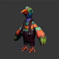 Colorful Cartoon Bird Game and Movie Character With Rainbow Feathers Red Overalls and Green Eyes