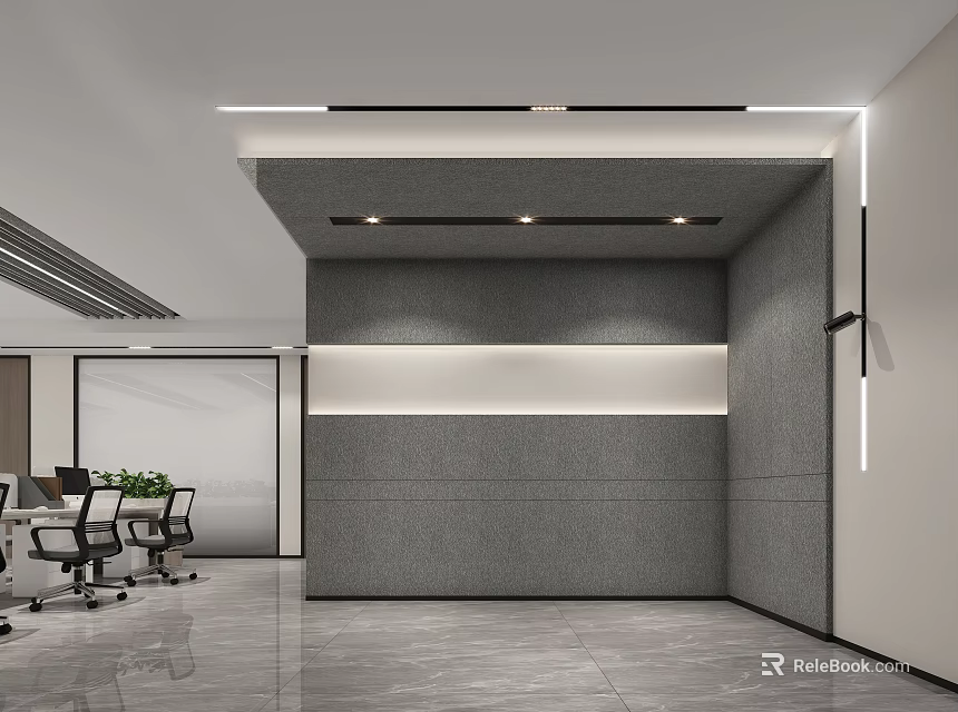 Modern Office Front Desk Reception Interior With Grey Wall Marble Floor And Light Strip 3d model 