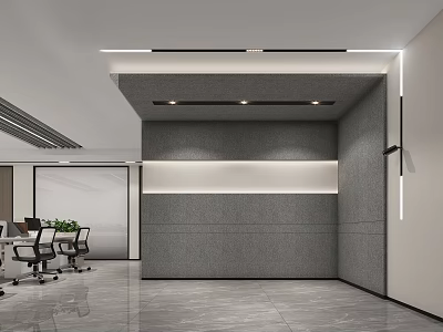 Modern Office Front Desk Reception Interior With Grey Wall Marble Floor And Light Strip 3d model