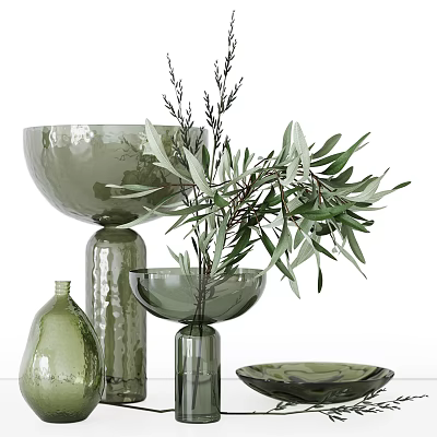 Elegant Green Glass Vases With Olive Branches In Various Decorative Shapes 3d model