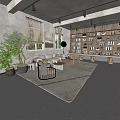 Modern Casual Space Interior With Wooden Shelves Track Lights Plants Sofa And Windows