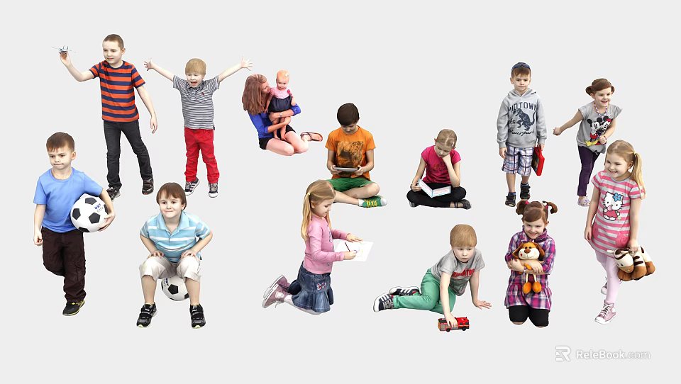 Group of Kids Playing Various Activities Standing Sitting And Holding Toys 3d model 