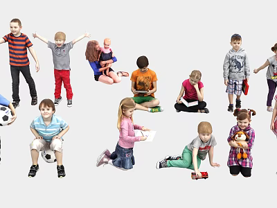 Group of Kids Playing Various Activities Standing Sitting And Holding Toys 3d model