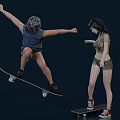 Two People Skateboarding With Jump And Stand Poses On Dark Background 3d model