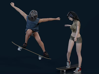 Two People Skateboarding With Jump And Stand Poses On Dark Background 3d model