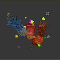 Fresh Tropical Pineapple Smoothie With Flying Chunks And Berries Around Two Pineapples