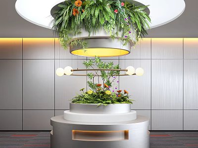 Indoor Landscape Design With Circular Structure Green Plants Orange Pink Flowers And Illuminated Yellow Ring 3d model
