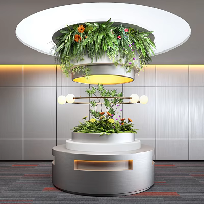 Indoor Landscape Design With Circular Structure Green Plants Orange Pink Flowers And Illuminated Yellow Ring 3d model