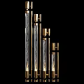 Decorative Hanging Installation with Vertical Gold And Silver Strips Featuring Lighting Effects Against Black Background