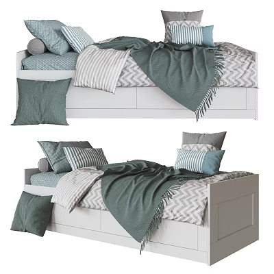 Modern Minimalist Single Bed With Striped Chevron Bedding Green Blanket And Storage Drawers 3d model