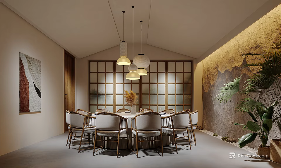 Elegant Private Dining Room With Round Table Chairs Grid Partition And Plants 3d model
