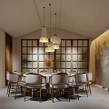 Elegant Private Dining Room With Round Table Chairs Grid Partition And Plants 3d model