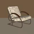 Stylish Single Sofa With Beige Geometric Pattern Cushion Wooden Armrests And Curved Metal Frame