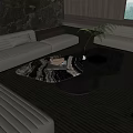 Modern Irregular Marble Coffee Table In Living Room With Sofa Decorative Tray And Green Plant