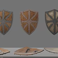 Medieval Wooden Shields With Metal Accents And Ornate Designs On