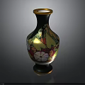 Decorative Dark Green Vase With Golden Rim And Colorful Floral Patterns
