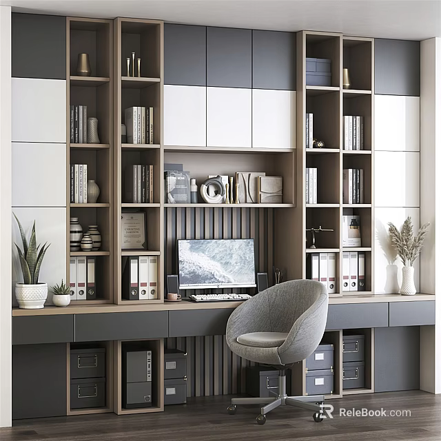 Modern Home Office Desk With Bookshelf Comfortable Chair Computer And Green Plants 3d model 